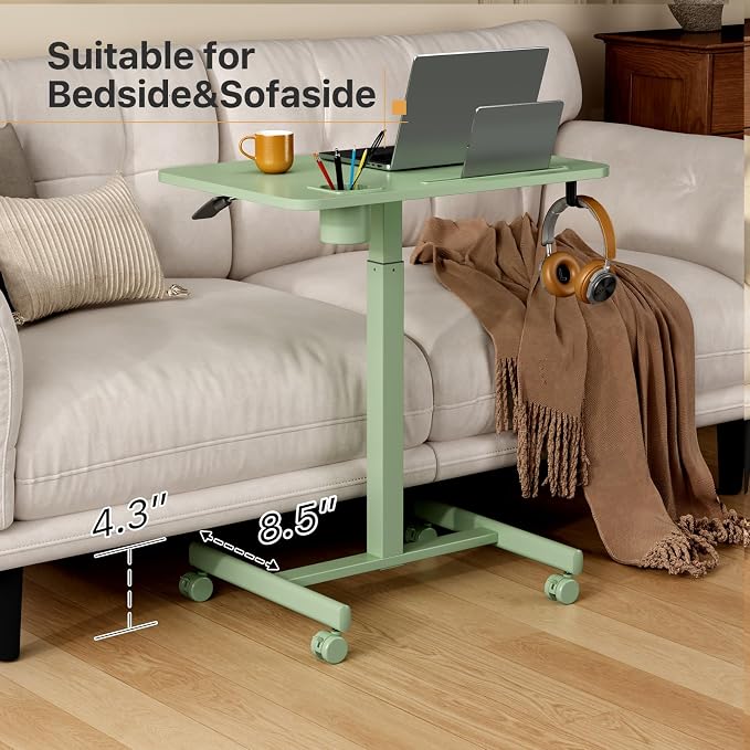 Mobile Standing Desk, 28 inch Rolling Laptop Cart Adjustable Height with Cup Holder, Portable Table with 4 Lockable Wheels, Green Computer Workstation with Hook and Slots for Home Office
