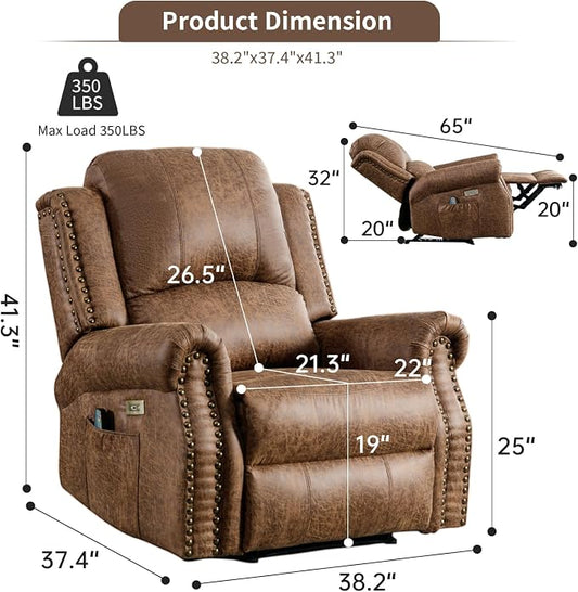 HAOMARKETS Classic Power Recliner Chair with Massage and Heat, Breathable Faux Leather Electric Recliner with USB&Type-C Port, Overstuffed Reclining Sofa with Rivets for Living Room, Brown