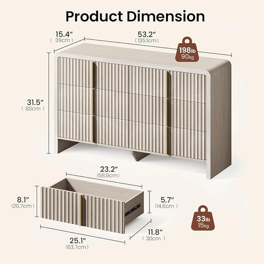 ModernMate Fluted 6 Drawer Dresser for Bedroom, 53.2" Wide Chest of Drawers, Modern Storage Cabinet with Anti-Tip Design, Wood Clothes Organizer with Metal Handles, White Alder