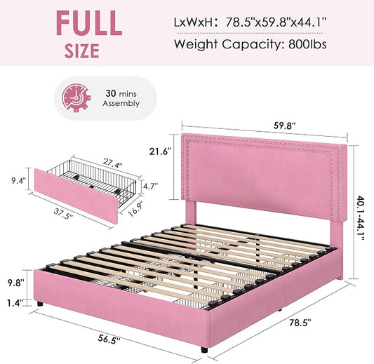VECELO Full Size Upholstered Bed Frame with 4 Storage Drawers, Adjustable Velvet Rivet Decor Headboard, Wooden Slats Platform Support, No Box Spring Needed, Easy Assembly,Pink