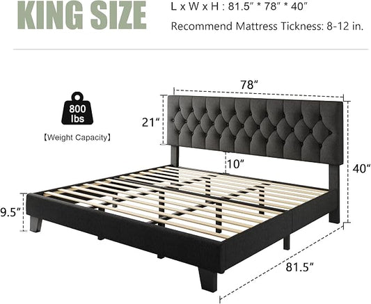 Feonase King Size Bed Frame, Upholstered Bed Platform with Button Tufted Headboard, Heavy Duty Wooden Slats & Thickened Feet, No Box Spring Needed, Noise-Free, Easy Assembly, Dark Grey
