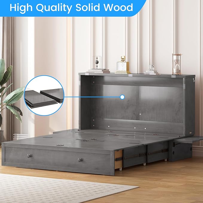 PUREMIND Queen Murphy Bed with Mattress Included, Murphy Cabinet Bed with Storage Drawer, Built-in Charging Station, Solid Wood Frame, Space-Saving Cabinet Beds for Small Spaces/Guest Room (Gray)