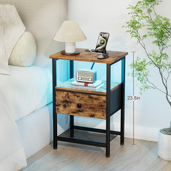 LOAKEKEL Nightstand with Charging Station, End Table with Fabric Drawer, LED Night Stand for Bedroom, Small Bed Side Table with USB Ports and Outlets, Brown, HETS01BR-1