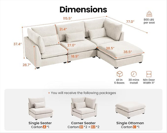 115" Oversized Chenille Couch Modular Sectional Sofa, Washable Cloud Couch Sectional with Ottoman, 4 Seater Sectional Couches for Living Room, Fully Cover Removable, L Shaped, Chenille, White