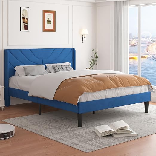 VECELO Upholstered Platform Full Bed Frame with Fabric Headboard,Wooden Slats Support/No Box Spring Needed/Mattress Foundation,Dark Blue