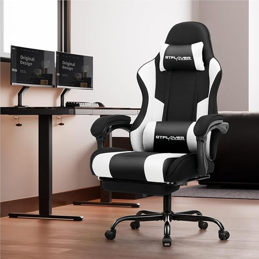 GTPLAYER Gaming Chair, Computer Chair with Footrest and Lumbar Support, Height Adjustable Game Chair with 360°-Swivel Seat and Headrest and for Office or Gaming (Fabric, Black White)