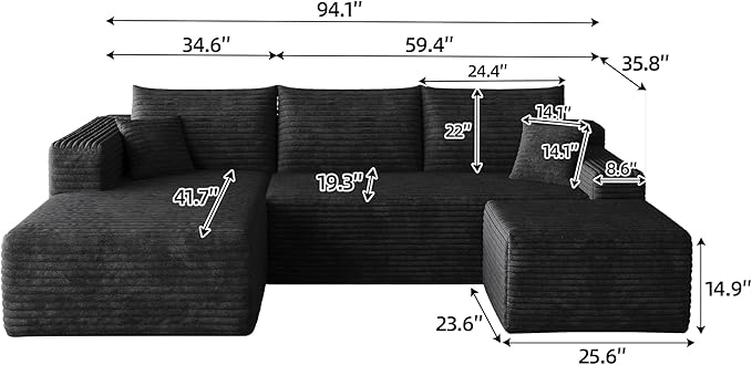 JINGLING 25.6 Inch Plush Corduroy Ottoman, Modular Sectional Foot Rest for Living Room, Upholstered Cloud Ottoman for Boneless Couch in a Box, Compressed Memory Foam, No Assembly Require, Black