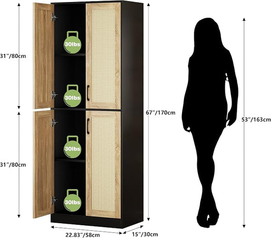 JASIWAY Rattan Pantry Cabinet, 67" Tall Kitchen Storage Cabinet with Doors | Adjustable Shelves, Wicker Linen Closet Cupboard for Laundry, Bathroom, Black