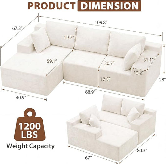 Homall 110" Boneless Sectional Couch, Modular Sectional Sofa L-Shape Couch with Deep Seat, Cloud Comfy Boneless Couch for Living Room, No Assembly Required (Chenille, Beige)