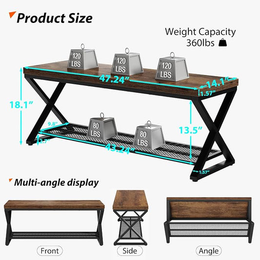 LVB Rustic Entryway Bench, 47” Shoe Bench with Storage for Entry Way, Industrial Shoe Rack Bench with Seating for Foyer Entrance, Farmhouse Wood Bench for Hallway Living Room Bedroom, Rustic Brown