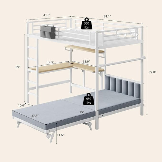 Jocoevol Twin Loft Bed with Mattress, Dual-Access Bed, Pull-Out Folding Bed & L-Shaped Desk, Heavy Duty Metal Bunk Bed Frame with Safety Guardrails, Charging Station & Adjustable Shelves (Pearl White)