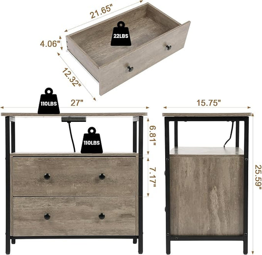 Edbuosy 27 inch Wide Night Stand with Charging Station, Bedside Table with Open Shelf, 2 Drawers Small Wood Dresser, Modern Wood Nightstand for Bedroom/Living Room, Rustic Gray