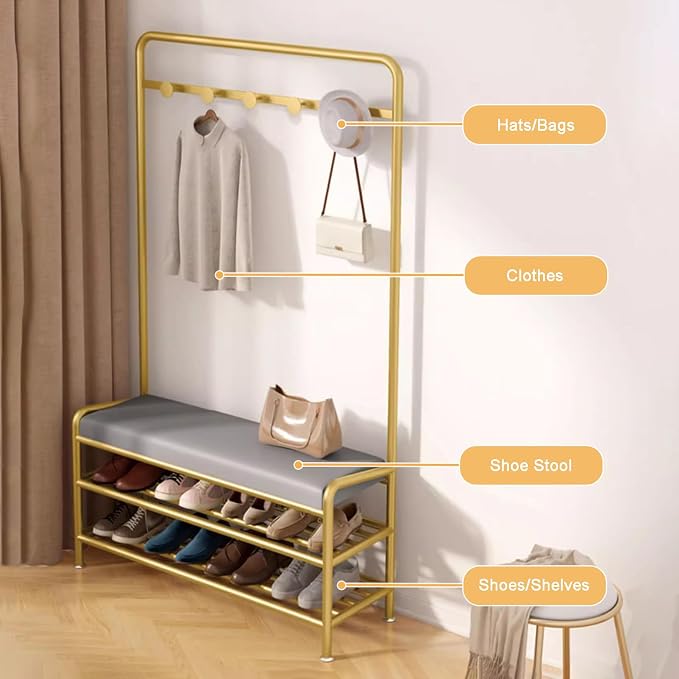 Narrow Hall Tree Storage Bench for Entryway, Coat Rack Shoe Bench Metal, Freestanding Coat Tree with Storage Shelf and Hooks, Entryway Bench with Shoe Storag(Grey-80 x 29 x 173 cm