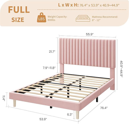 IDEALHOUSE Full Bed Frame with Adjustable Headboard, Velvet Upholstered Platform Bed Frame Full Size, Strong Wooden Slats, No Box Spring Needed, Easy Assembly, Pink