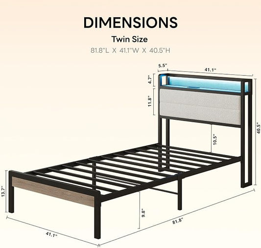 LIKIMIO Twin Bed Frame with Storage Headboard & LED Lights, Metal Platform Bed with Charging Station, Noise Free, No Box Spring Needed, Under Bed Storage, Natural and Cream