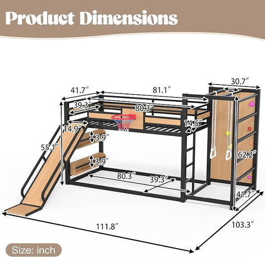 Harper & Bright Designs Heavy Duty Metal Bunk Bed with Slide and Basketball Hoop, Twin XL Size Bunk Bed with Bookshelf and Pull-up Rings for Bedroom, Black+Yellow