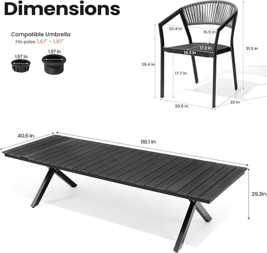 Pellebant Aluminum 13-Piece Outdoor Dining Table Set for 8-12 Person | Patio Stackable Chair with U-Shaped Wicker Backrest, 118" Table with Wood-Grain Top & Umbrella Hole, Aluminum Frame Furniture