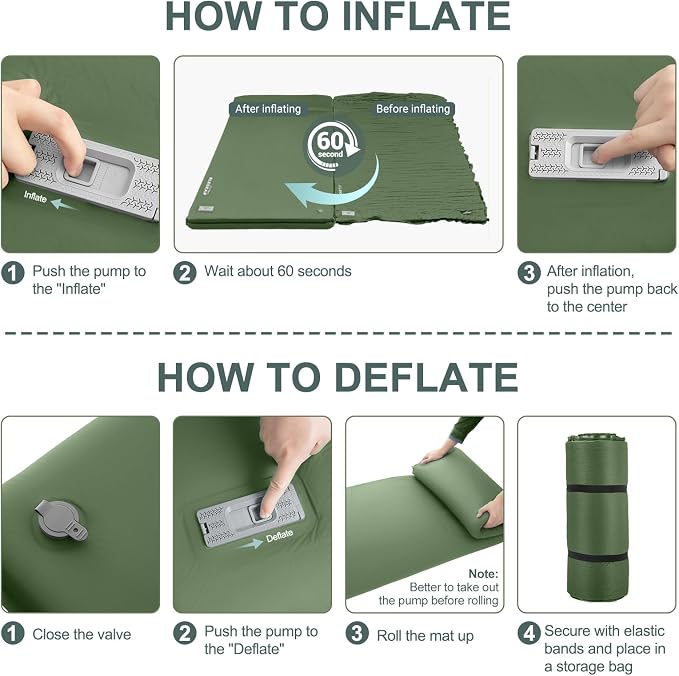 Elegear CumbreX™ Self Inflating Sleeping Pad, Built-in Electric Pump 3.15" Ultra-Thick Memory Foam Camping Mattress with Pillow Sleeping Pad for Camping R-Value 9.5 Foam Camping Pad Army Green Single