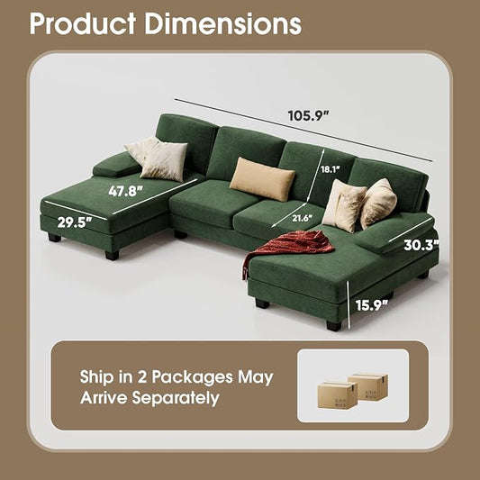 Furmax Sectional Couches for Living Room, U-Shaped Sofa Couch with Linen Fabric, 4 Seat Sofa Set with Double Chaise for Apartment (Chenille, Green)
