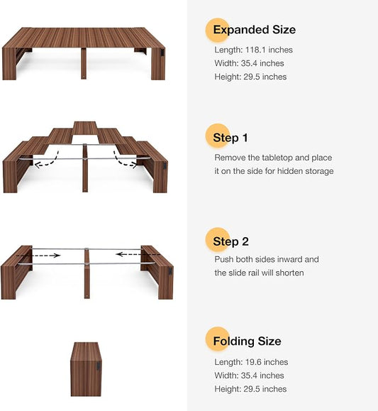 Kikihouse 19.6"-118.1" Modern Extendable Dining Table with Outlet, 2 to 12 People Space Saving Expanding Table with Storage for Party, Weddings, Meetings, Celebrations (Brown)