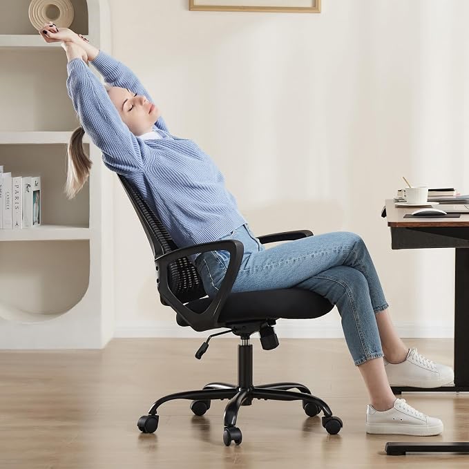 OLIXIS Home Office Chair, Mid Back Computer Ergonomic Mesh Desk with Large Seat, Executive Height Adjustable Swivel Task with Lumbar Support and Armrest, for Adults, Black
