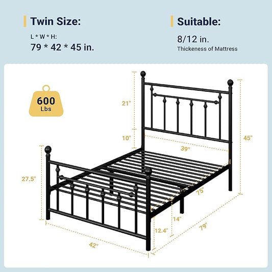 Allewie 14 Inch Twin Size Metal Platform Bed Frame with Victorian Vintage Headboard and Footboard/Mattress Foundation/Under Bed Storage/No Box Spring Needed/Easy Assembly/Noise Free/Black