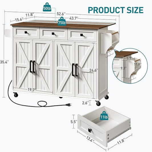RALGEND Kitchen Island with Drop Leaf & Power Outlet, Rolling Kitchen Island Cart On Wheels, Barn Door Kitchen Island Table with Storage and Tower Rack, Island Table for Kitchen, White and Walnut