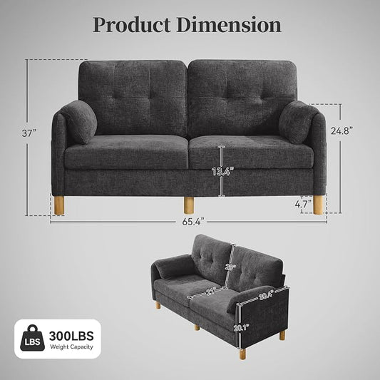 65" Loveseat Sofa, Mid Century Loveseat Couch for Living Room with Storage Pockets, Upholstered Small Loveseat for Small Spaces, Bedroom, Home Office, Apartments, Small Sofa Chenille Dark Grey
