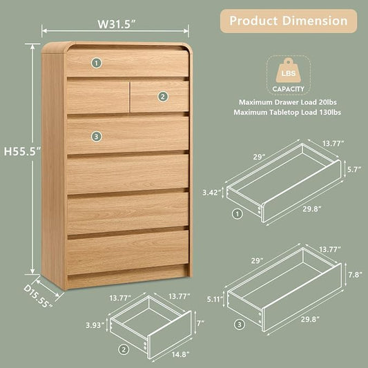 Aitjunz Modern 7 Drawers Dresser for Bedroom, 55" Tall Dressers & Chest of Drawers w/Curved Profile Design, Wood Mid Century Vertical Storage Dressers Organizer for Bedroom, Living Room, Natural Oak