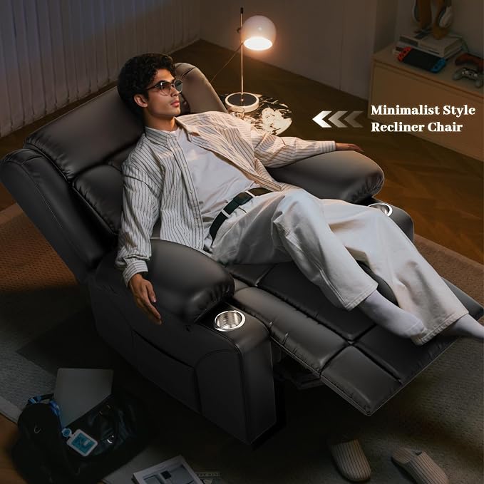 Recliner Chair for Adults, Oversized PU Leather Loveseat Recliner Manual Pull Tab Reclining Chair with Cup Holders, Minimalist Style Single Sofa for Living Room, RV (Black)