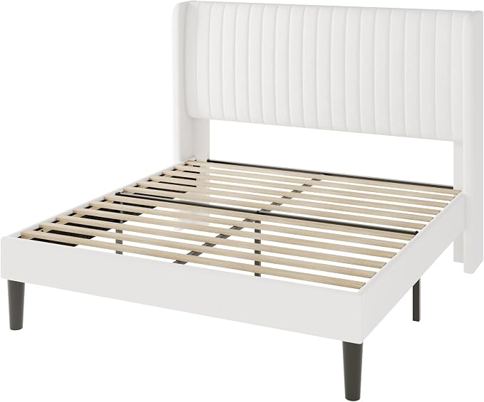 Allewie Queen Size Velvet Bed Frame/Vertical Channel Tufted Wingback Headboard/Upholstered Platform Bed/Strong Wooden Slats/No Box Spring Needed/Easy Assembly/White