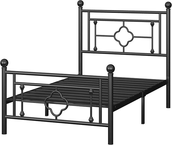 Allewie Twin Size Metal Platform Bed Frame with Victorian Vintage Headboard and Footboard/Mattress Foundation/Under Bed Storage/No Box Spring Needed/Noise-Free/Easy Assembly, Black