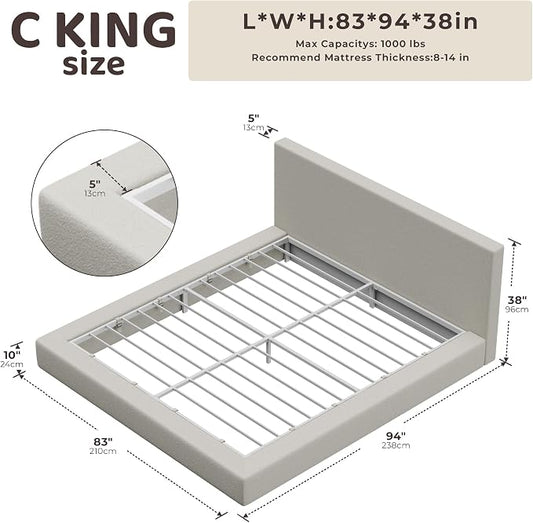 RECCI AirFrame California King Bed Frame with Headboard, Cloud Upholstered Platform Bed Frame, 5 Inch Foam Cushioned, No Box Spring, Easy Assembly(Cream Boucle)