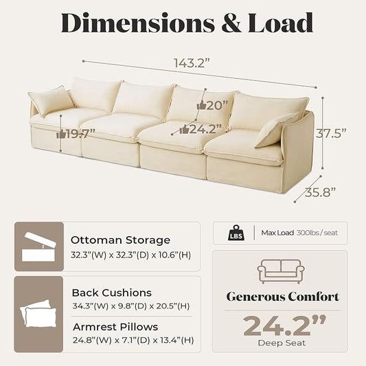 Cloud Modular Sofa, Oversized Deep Seat Comfort, Luxe Chenille | Fully Removable Washable Covers, Memory Foam Seat Cushions, Premium Fabric