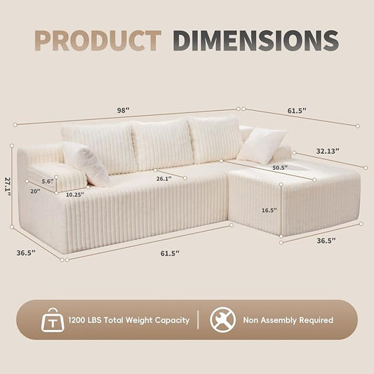 Hobestluk Boneless Couch Modular Sectional Sofa for Living Room Furniture | 98" Right Facing Chaise White,Memory Foam,Removable Cover,Non-slip Bottom,No Assemble Required,Furniture for Apartment
