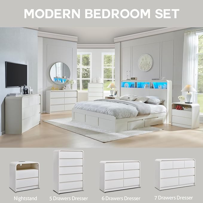 Aitjunz Modern 6 Drawers Dresser for Bedroom, 47" Wide Wood Dressers & Chests of Drawers with Curved Profile Design, Mid Century Modern Dresser for Closet for Bedroom, Living Room, Antique White
