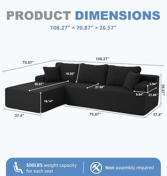 Hobestluk Modular Sectional Sofa Couches L-Shape Couch 3 Seat Modular Sofa Memory Foam Sectional Couches for Living Room, Cloud Couch with Oversized Chaise (Black Smooth, 108", Left Hand Facing)