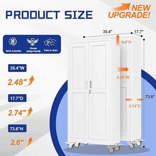 GAIOUS 73.6” Tall Metal Garage Storage Cabinet with Lock, Steel Tool Cabinet with 5 Adjustable Shelves, New Upgrade Lockable File Cabinet with Wheels, Organization for Home Office Garage Gym - White