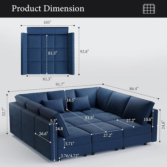 Vesgantti Modular Sofa Bed with Storage, 92" Sleeper Sofas with 9 Seats Storage Chaises Removable Cover, Luxury Large Velvet Sectional Couch Set for Living Room, Apartment, Home Theater, Blue
