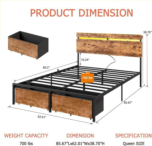 Forestell Queen Bed Frame with Wood Headboard, Metal Platform Bed with 2 Storage Drawers & Shelf, Built-in Charging Station & LED Lights, No Box Spring Needed, Vintage Brown, Cama Queen Size