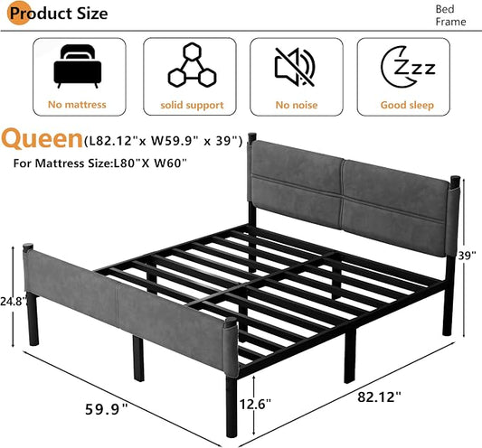 Metal Bed Frame,14Inch Queen Size Bed Frame with Storage Space,Heavy Duty Sturdy Mattress Foundation,Easy Assembly,No Box Spring Needed,Queen Grey