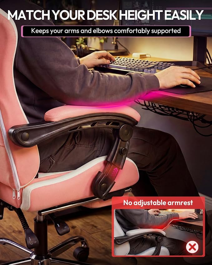 Dowinx Ergonomic Gaming Chair with Footrest & Massage Lumbar, 2D-Linkage Armrests for Computer Chair 330lbs with Headrest Pillow for Office, Home, Streaming and Long Gaming Sessions, Fabric Pink White