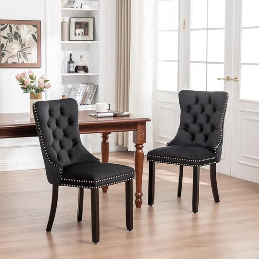Hixkol Velvet Dining Chairs Set of 2,Upholstered Dining Chairs with Ring Pull Trim and Button Back,Modern Seating for Kitchen, Bedroom & Living Room(Black)