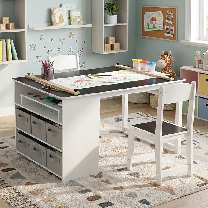 4-in-1 Kids Art Table and Chair Set, Wood Toddler Activity Desk with Large Storage Cabinet, Versatile for Drawing, Painting, Writing, Craft, Reading, and Play – Ideal for Children Ages 2-12