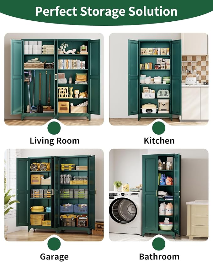 75" Tall Metal Storage Cabinet with 2 Doors and 4 Adjustable Shelves, Heavy Duty Steel Pantry Cabinet for Home Office, Kitchen, Garage and Laundry Room, Green