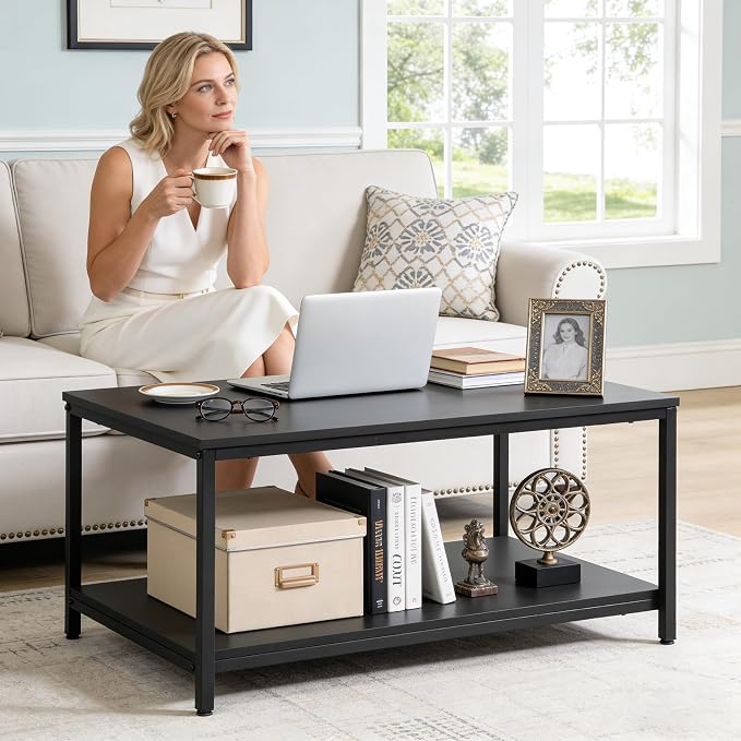SUPER DEAL 2-Tier Industrial Coffee Table with Storage Shelf for Small Apartment Living Room, Rectangle Wood and Stable Metal TV Stand Side End Table, Black
