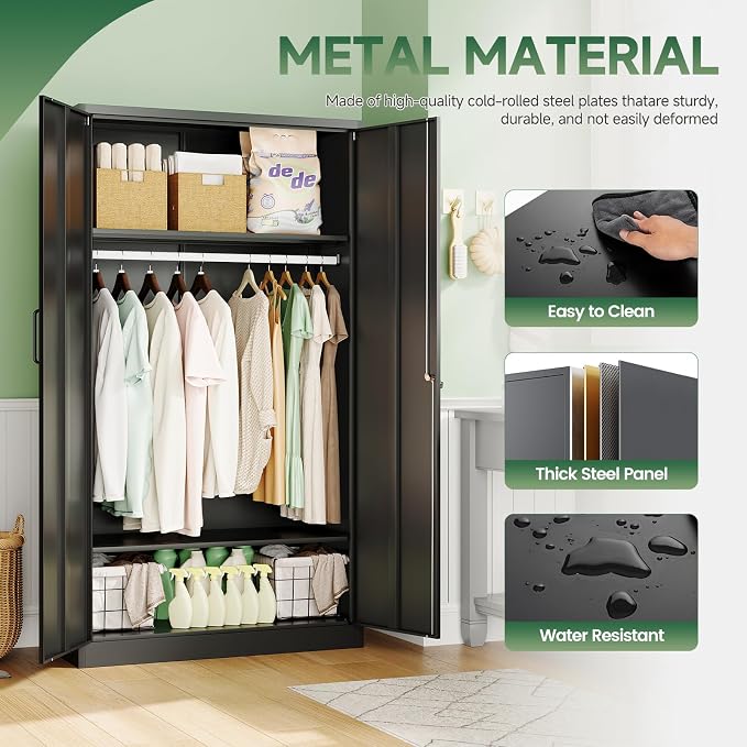 Letaya Metal Wardrobe Cabinets with Lock,Clothing Locker 72" X 36" X 18" Storage Cabinets for Home Room,Fire Department, School, Employee,Gym,Government (Black)
