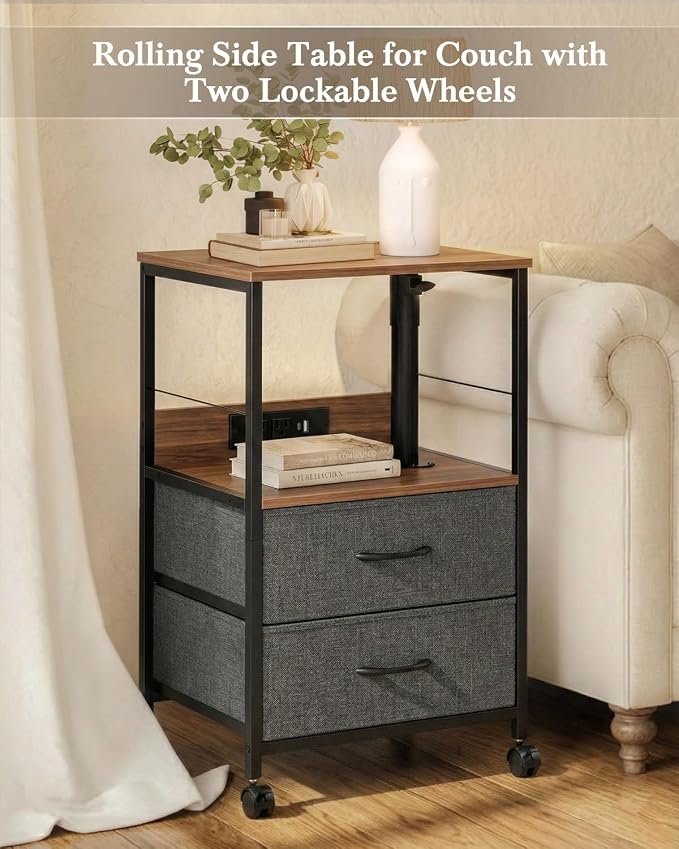 Faesun Swivel Lift Top Nightstand with Charging Station, Rolling Side Table for Recliner, Bedside Table with Wheels & 2 Fabric Drawers, for Small Spaces, for Bedroom, Living Room, Walnut Gray