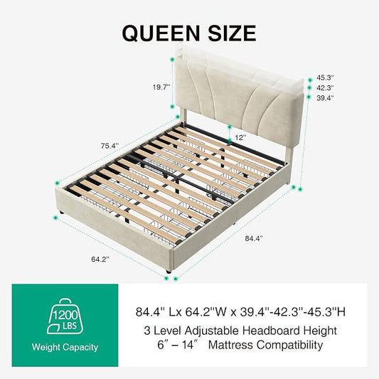 Novilla Queen Size Bed Frame, Queen Bed Frame with Headboard, Queen Bed Frame with Drawers, LED Bed Frame Queen Size, Charging Station and Adjustable Headboard, No Box Spring Needed, White Velvet