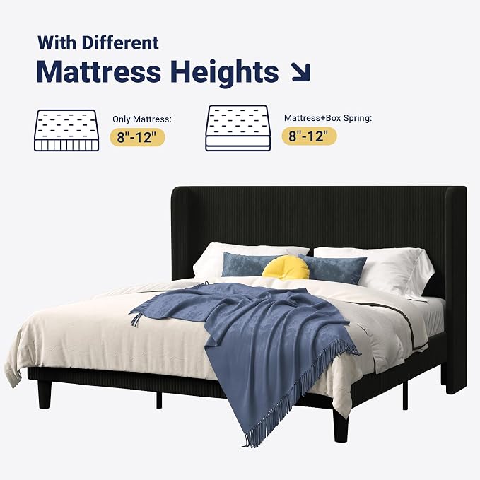 Allewie King Size Bed Frame with Upholstered Wingback Headboard, Vertical Channel Tufted Corduroy Velvet Platform Bed, Strong Wooden Slats Support, No Box Spring Needed, Easy Assembly, Black